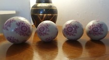  Rare Antique Set 4 Decorative Carpet Bowls, Balls, Stoneware, Pink Floral Deco