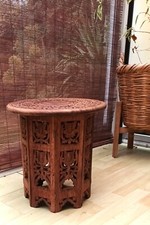 Vintage Indian Wooden Hand Carved Folding Side Table Small Brass Inlaid