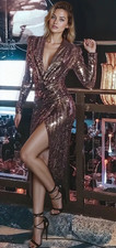 JOHN ZACK SEQUIN DRESS IN ROSE GOLD PLUNGE V NECK WRAP OVER