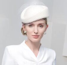 White Wool Felt Beret Wedding British Top Hat Women Church Veil Fascinator Hat