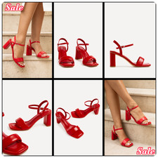 SALE WOMENS RED SIZES 4-8 PADDED FRONT STRAP HIGH BLOCK HEEL ANKLE STRAP SANDALS