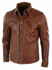 Men Genuine Lambskin Leather Shirt Premium Vintage Biker Sleeves Button Jacket