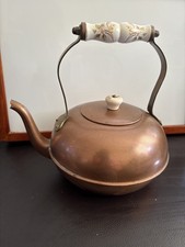 Nice Vintage Copper & Brass Kettle With Floral Design Ceramic Handle & Knob