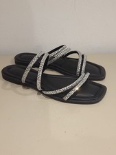 Black Silver Sandals Wide Fit Size 5 EU 38 Slip Ons Sliders Summer Shoes