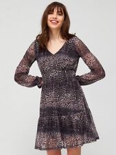 V By Very Mesh Long Sleeve Mini Dress - Purple Animal Leopard Print UK Size 14