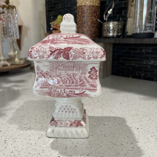 Red transferware pedestal - transferware,