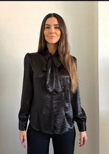 Monsoon Black Shimmering Satin  Pussybow Blouse Size 10- 22