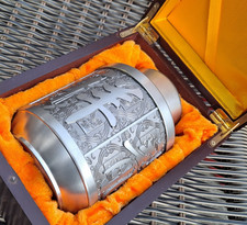 Chinese Pewter - Tin ? Decorated -  Engraved Tea Caddy In Presentation Case !!