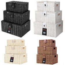 Set of 3 Resin Wicker Woven Storage Baskets with Lid & Lock Xmas Gift Hamper Box