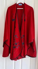 Alpaca Style Artesanias  Cape Embroidered Reversible Berry Red Poncho One size