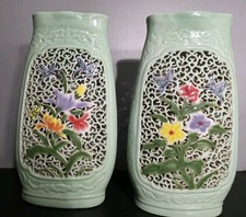 Pair Of 2 CHINESE LARGE 14" PORCELAIN ORNATELY PAINTED FLOOR VASE CELADON GREEN