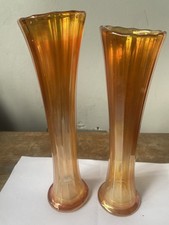 Pair Of Wide Rib Fenton Carnival Glass Vase 9.5 Inch Tall Excellent Cond Vintage