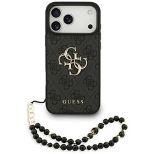 Case For iPhone 17 Pro Max Guess Faux Leather Gray Big Logo Gold Chain