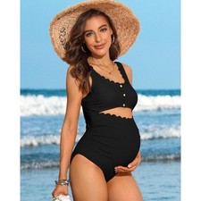 Women's Charmo Black Maternity Swimming Costume Medium UK 10, scallop trim