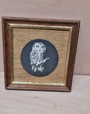 Vintage painted owl on round  slate- framed  picture