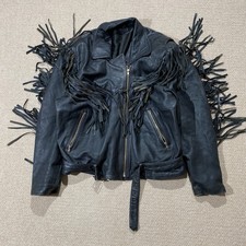 Vintage Leather Fringe Jacket Womens XL Black Western Tassel Biker USA