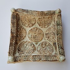 Studio artist pottery dish tray 16cm geometric design glazed England handcrafted