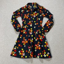 Vintage 1970s Mini Dress Womens Size 6 UK Black Geometric Boho Hippy Mod 60s 70s
