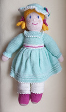 HAND KNITTED DOLL IN OLD FASHIONED PALE GREEN DRESS . BLOOMERS & HAT 21 INCHES