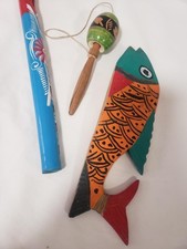 3 x Mexican Artisan wooden toys- decorative items -Fish, flute, catching toy