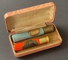 VINTAGE RENAUD-PARIS 2 GLASS PERFUME VIALS. LEATHER CASE. "SWEET PEA" + "GHEDMA"