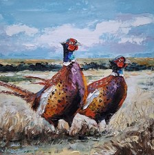 Pheasants Original Oil Painting, Bird Painting, Lanscape Wall Art, Wildlife Art