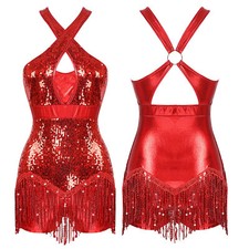 UK Womens Sequins Leotard Fringed Bodysuit Tassel Latin Dance Costume Dancewear