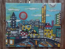 LARGE 1994 ACRYLIC PAINTING ON CANVAS OF A MODERNIST ABSTRACT LONDON SCENE