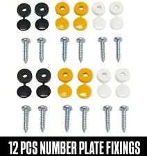 12 x NUMBER PLATE CAR FIXING FITTING KIT SCREWS & CAPS HINGED BLACK YELLOW WHITE