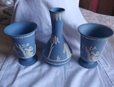 TRIO Vintage Wedgewood Blue Jasperware Vases - 8" & 5.5" Tall