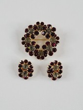 Eisenberg Ice Clip-on Earrings & Brooch Set Clear and Red Gold Tone Vintage