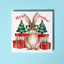 Handmade Cute rabbit in glasses Merry Christmas Card Greeting Card with Envelope
