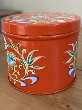 Vintage Tall Red Hand Painted Retro Indian Biscuit Cake Tin Floral 5x4 Inch