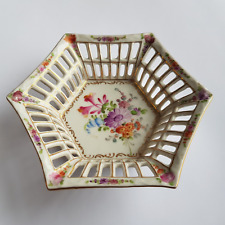 Antique Dresden art ceramic dish floral hand painted reticulated gilt Germany