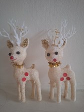 Two vintage glittery Kitsch Flock White Reindeer  Christmas Decoration Plastic 