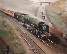 Charming Oil Painting Steam Train The Thames Clyde Express 46115 Basil Collinson