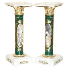 STUNNING PAIR OF ROYAL ITALIAN CARRARA MARBLE & ENAMEL PAINTED BRASS PILLARS