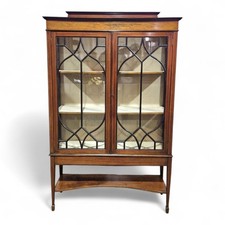 Antique tall double door inlaid mahogany display cabinet