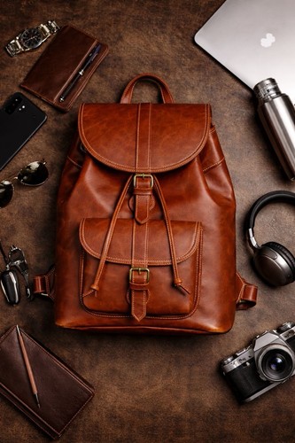 Handmade cognac brown leather - brown,