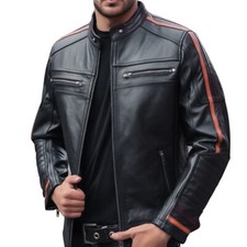Mens Real Leather Biker Jacket Cafe Racer Motorcycle Black Genuine Leather Coat