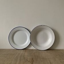Vintage Style Enamel Plate & Bowl Serving Dish White Blue Camping Kitchenalia x2