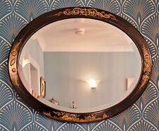 Rare Edwardian Bevelled Edge Black Lacquer Carved Chinoiserie Oval Wall Mirror