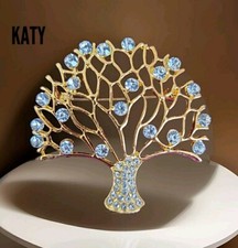 Large Art Deco Vintage Look Tree of Life Gold Tone Brooch Crystal Pin Gift