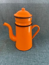 French Vintage Orange Enamel Cafetière Coffee Pot with Lid Retro Kitchenalia