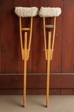 Vintage Wooden Crutches with Sheepskin Pads – Mid-Century Medical Prop Decor