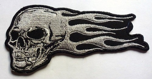 Flaming skull sew iron - flaming, or