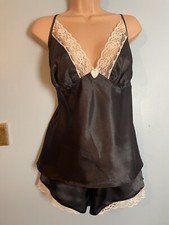 F3 BLACK SATIN WHITE LACE CAMISOLE FRENCH KNICKERS SET 20 48" NWOT