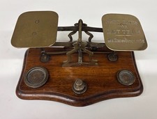 Antique Letter Postal Scales & Weights Wooden Base Four Brass Weights