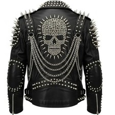 Spiked & Studded Leather Biker Jacket: Skull Motif, Punk Goth Outerwear 100
