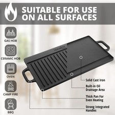 Large Non Stick Cast Iron Griddle Pan Skillet Cooking Plate Hob Stove BBQ Grill